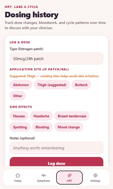 Keep your HRT history: Organise records of the treatment prescribed to you. Example data.