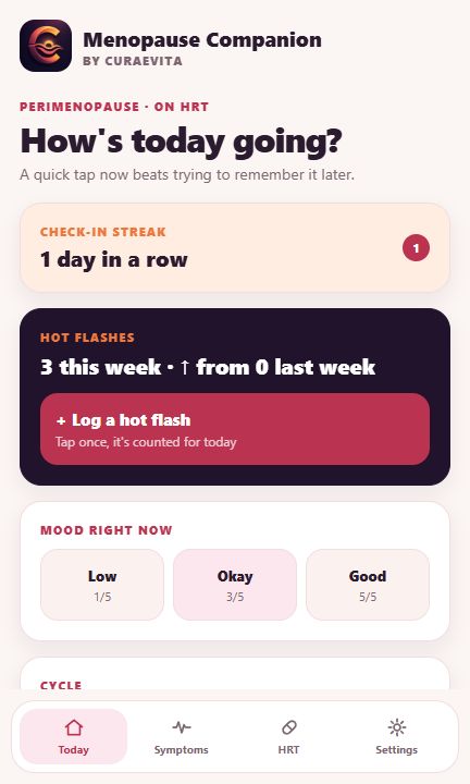 Menopause Companion: Daily check-ins for hot flashes, mood and symptoms. Example data.